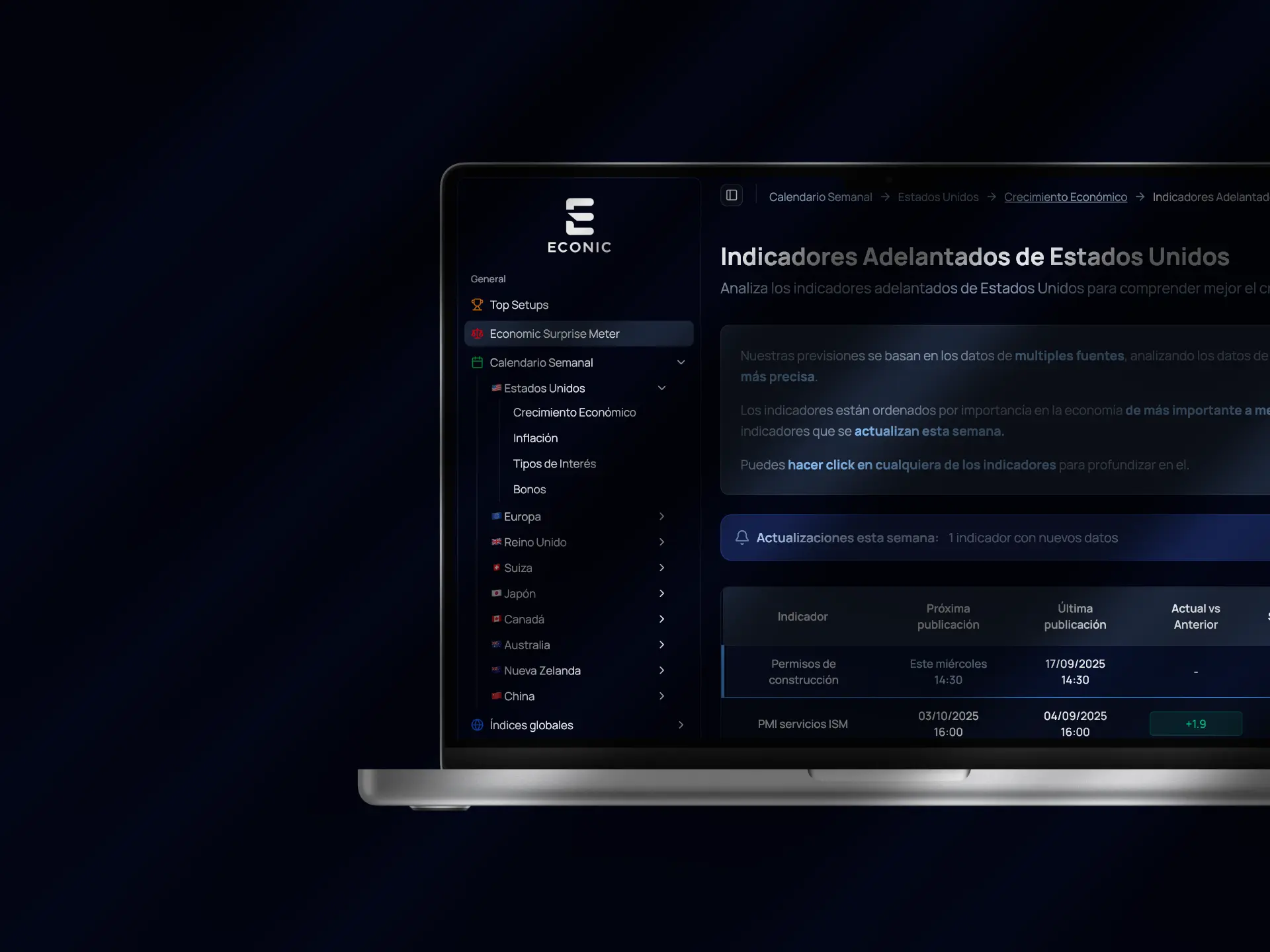 Vista de Econic en escritorio mostrando análisis macro y flujos de datos